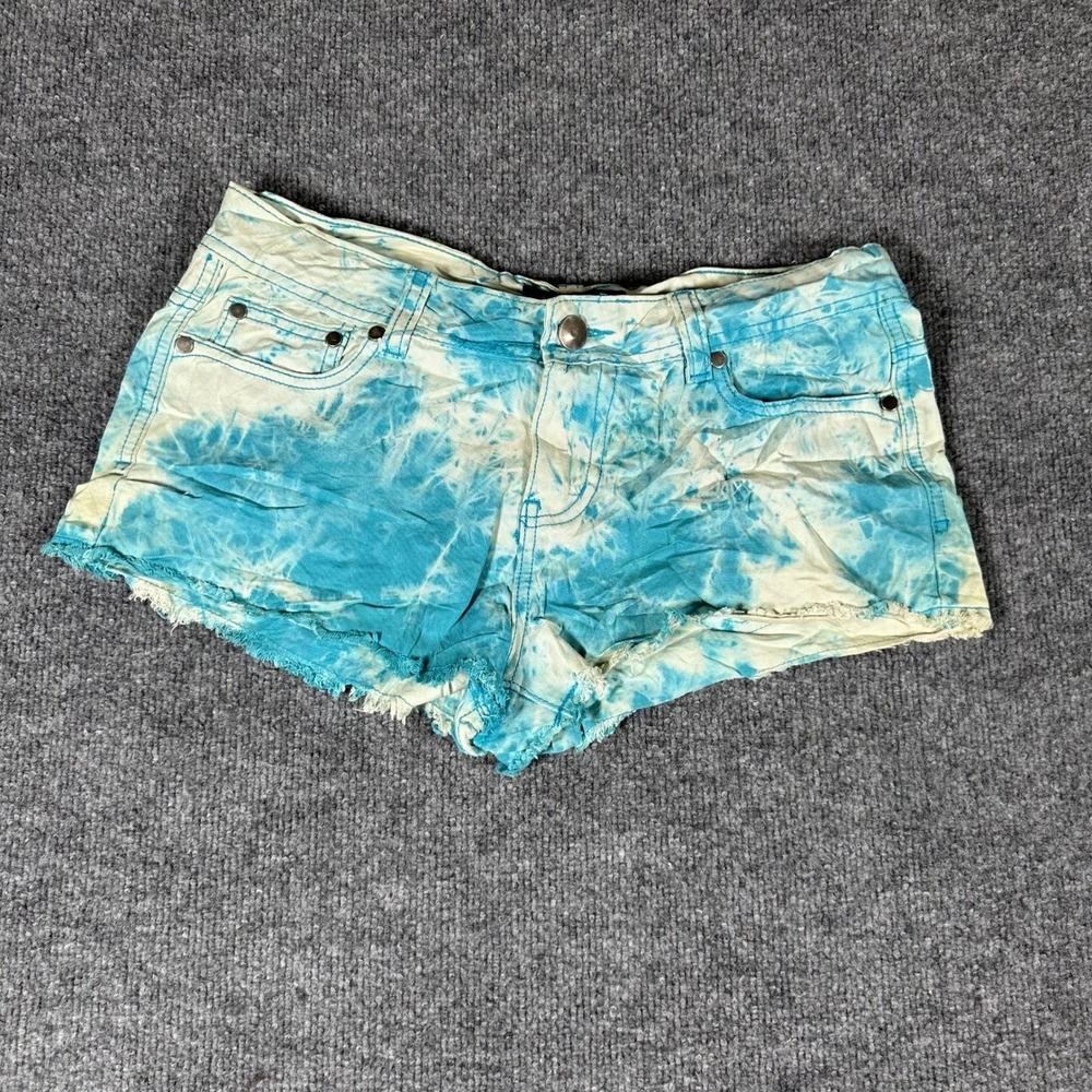 Forever 21 Shorts Womens Size 28 Blue Tie Dye Denim Low Rise Frayed Hem Casual